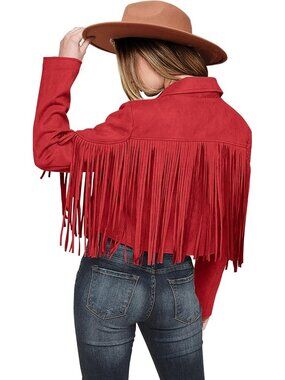 Women's Red Polyester Blend Spring Tassel Unique Motorcycle Cropped Jacket